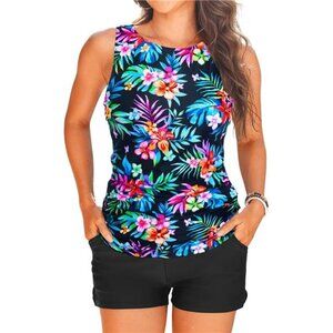 High Neck Tankini Set – Tummy Control Swimwear with Pocket Shorts